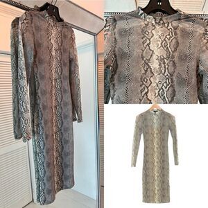 AFRM Loah Long Sleeve Mesh Midi Dress - Neutral Snake